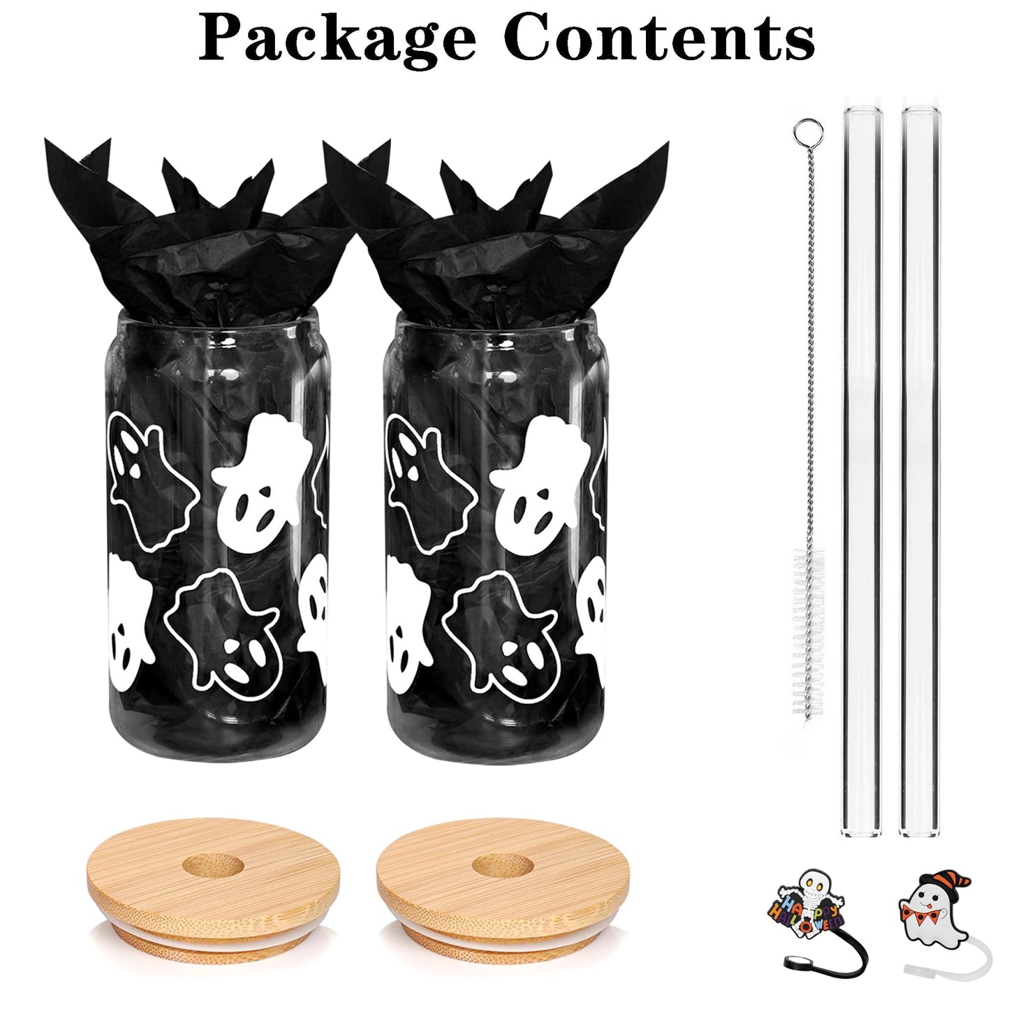 ANOTION Halloween Mugs - 18oz Halloween Ghost Decorations Glass Cups Tumbler for Iced Coffee, Glassware Cookie Jar Decor Gift Drinking Water Bottles