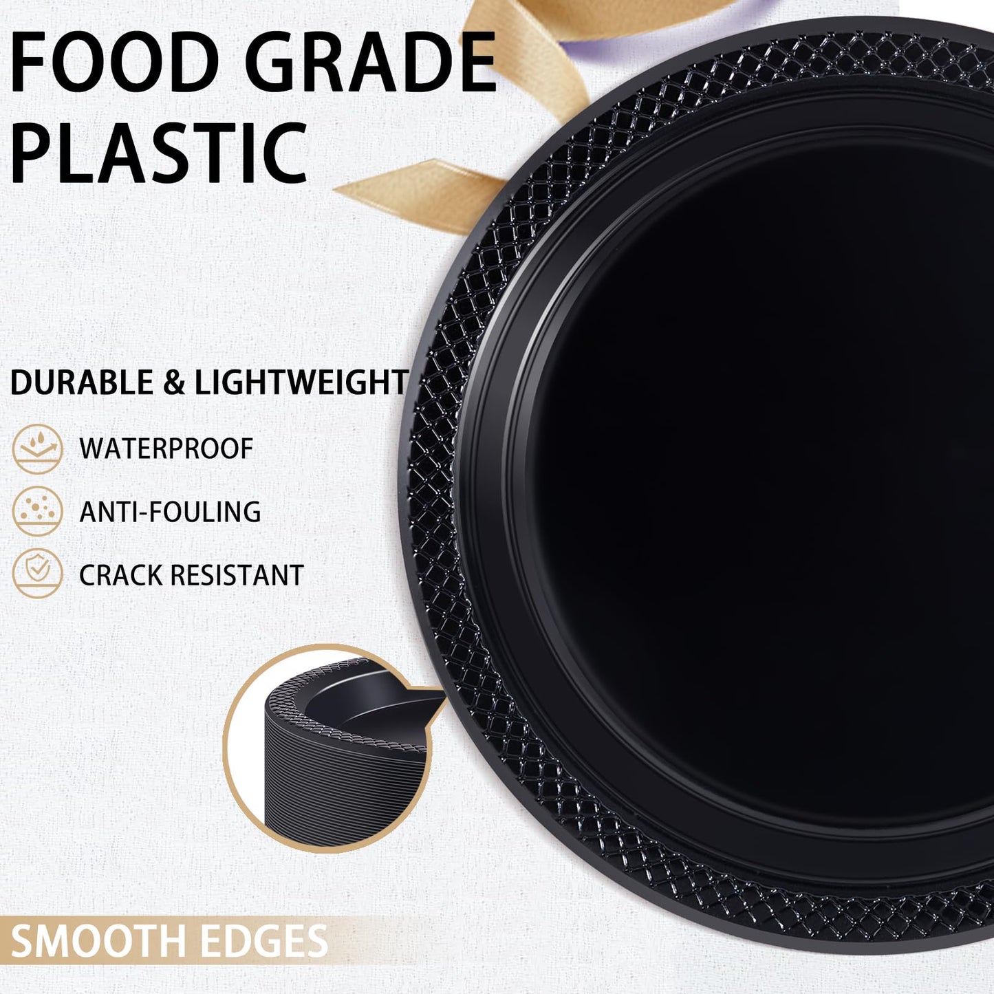 WELLIFE Black Plastic Plates 9 Inch -150 Count for Party, Plastic Disposable Dinner Plates for Halloween Picnic BBQ