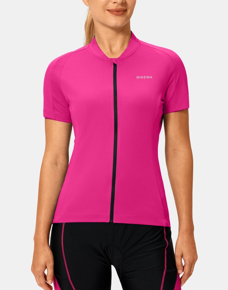 Bikewa Women's Cycling Jersey Short Sleeve Bike Shirts Full Zipper Bicycle Biking Tops with Rear 3+1 Pockets Road Mountain Riding(Rosy,XL)