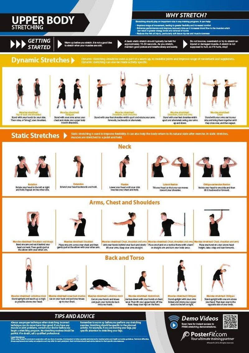 Upper Body Stretching Gym Poster - Dynamic & Static Stretches - Extra Large 33” x 23.5” - Laminated | Includes Online Video Training Support