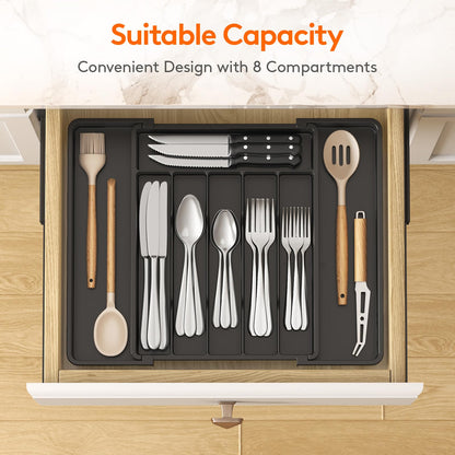 Lifewit Silverware Drawer Organizer, Expandable Utensil Tray for Kitchen, BPA Free Flatware and Cutlery Holder, Adjustable Plastic Storage for Spoons Forks Knives, 8.5"-14.1" x 12.1", Black