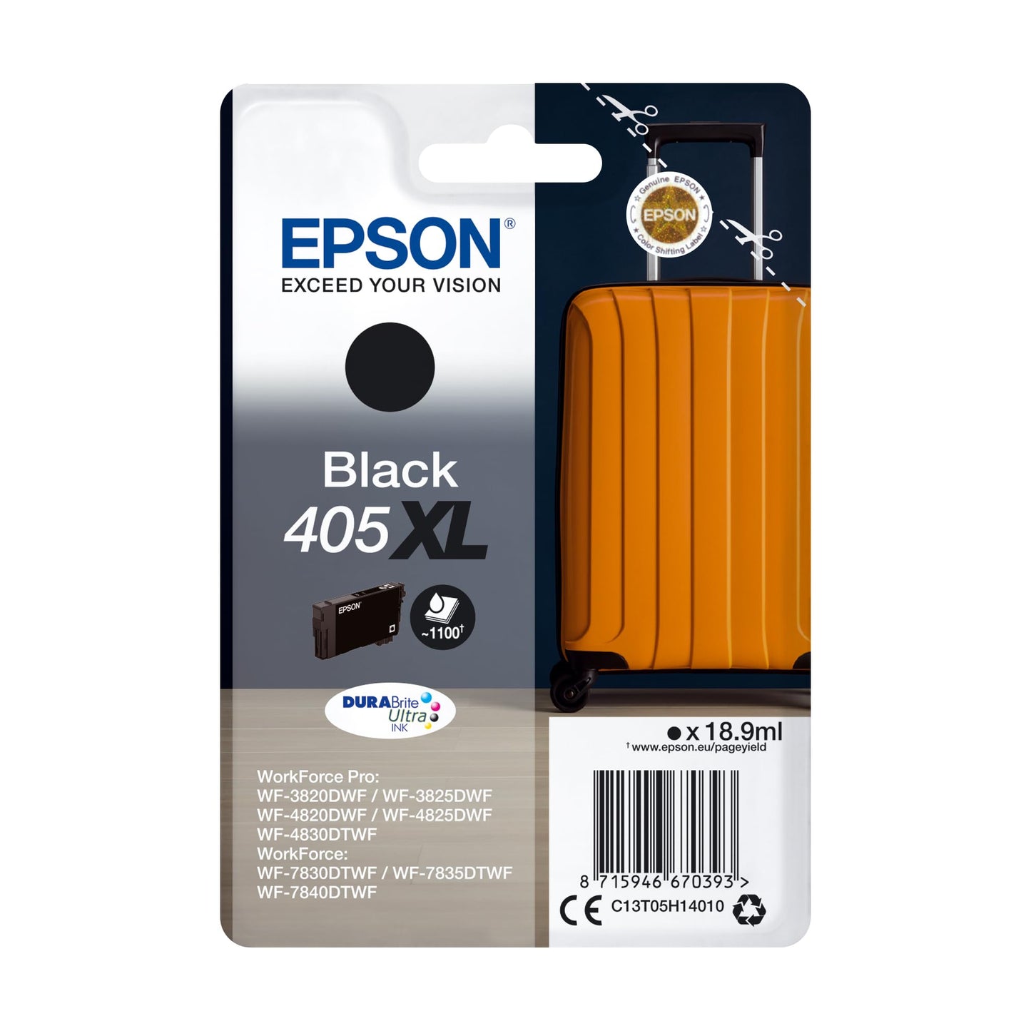 Epson 405XL Black Suitcase High Yield Genuine, DURABrite Ultra Ink,XL High Capacity