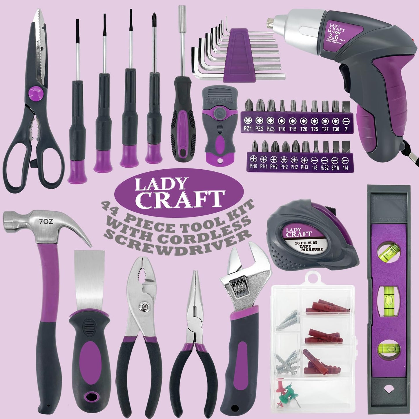 Werktough Pink Tool Kit 44PCS 4V Electric Screwdriver Ladies Tool Kit Set DIY Home Repair Set Toolbox Hand Tool Kit Storage Case Gift Set
