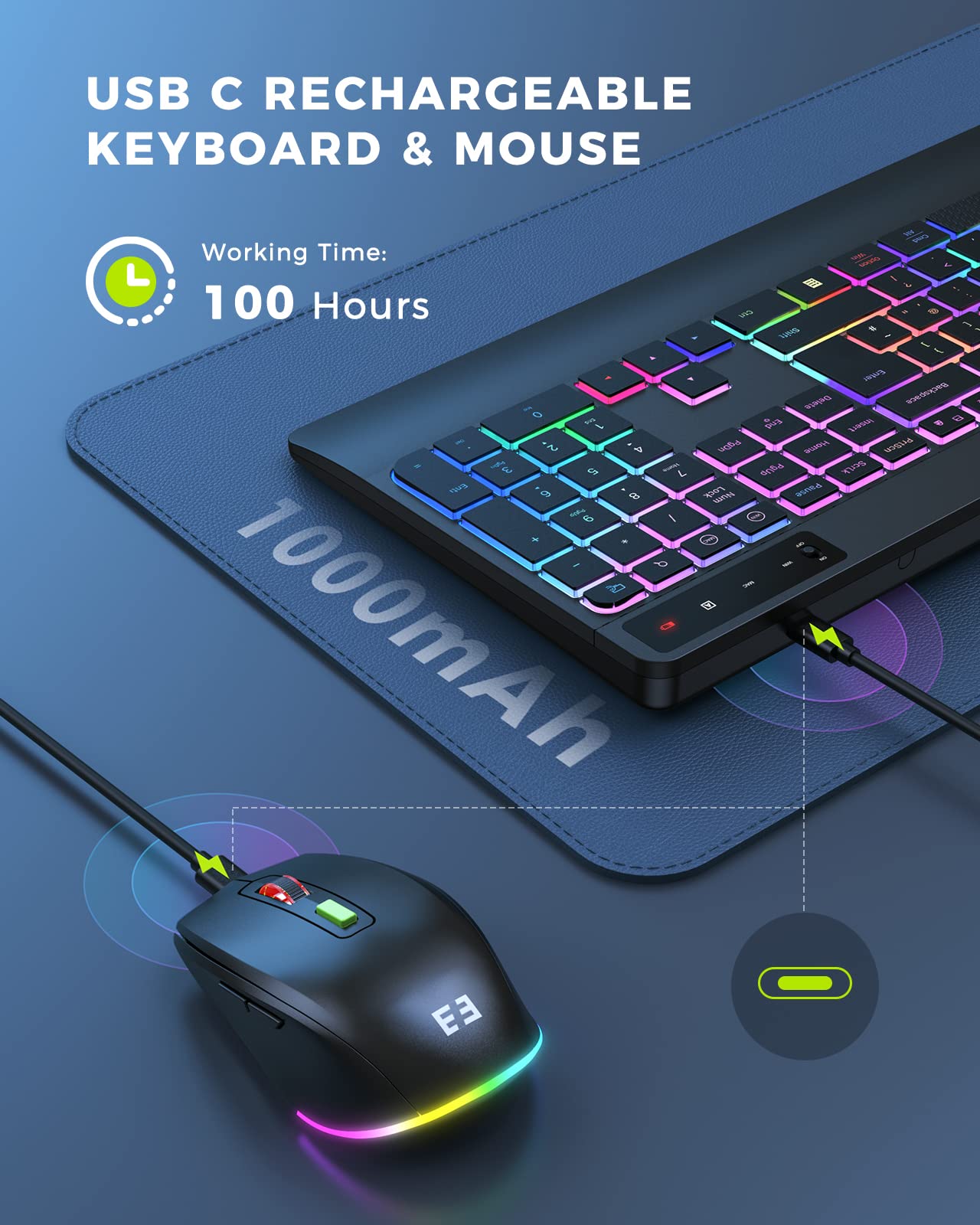 seenda 2.4G Wireless Keyboard and Mouse Combo with Rainbow Backlit, Rechargeable Keyboard and Mice Set UK Layout Full Size with 2 in 1 USB C & USB A Dongle and Wirst Rest, Black
