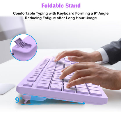 LeadsaiL Wireless Keyboard and Mouse Set, 2.4GHz USB Computer Keyboards and Mouse Combo, Full Size UK QWERTY Layout, Ergonomic Design with 12 Multimedia Shortcuts for HP/Lenovo Laptop and Mac-Purple
