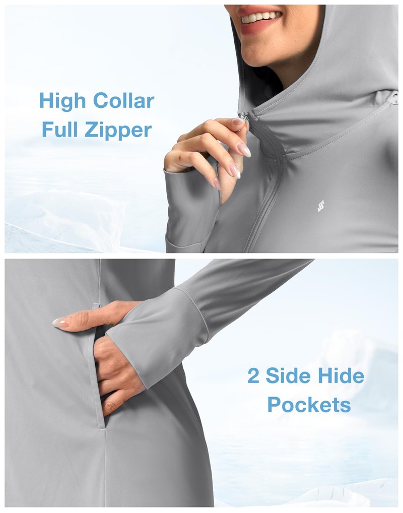 Soothfeel Women's UPF 50+ Swim Cover Up Sun Protection Hoodie SPF Lightweight Jacket Long Sleeve Beach Cover Ups for Women (Light_Grey,M)