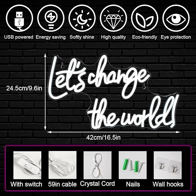 Horseneon Let's Change the World Neon Led Sign, White Neon Signs for Wall Decor, Neon Lights Signs with USB Powered for Bedroom, Living room, Wall Hanging Decor