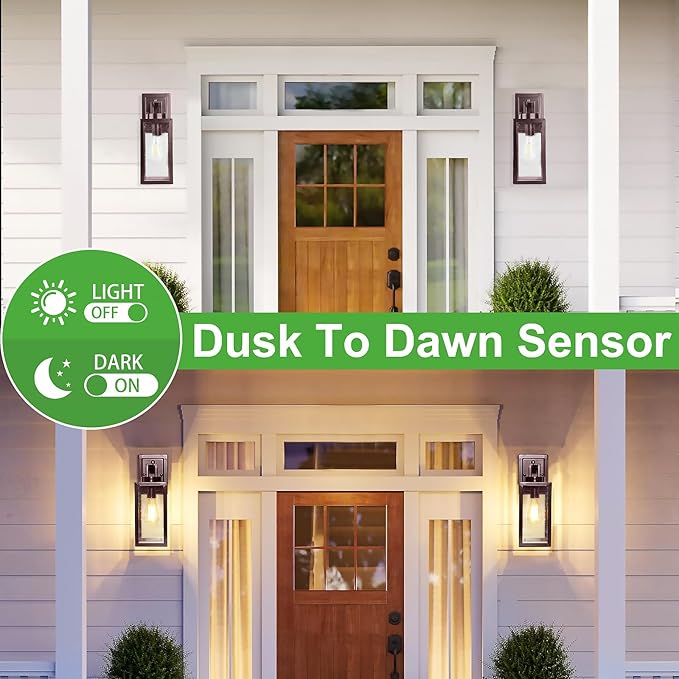 2-Pack 14'' Dusk to Dawn Outdoor Wall Light Fixtures, Oil Rubbed Bronze Exterior Lighting Fixtures Wall Mounted with Seeded Glass, Waterproof Porch Lights Outside Lanterns for House Front Garage
