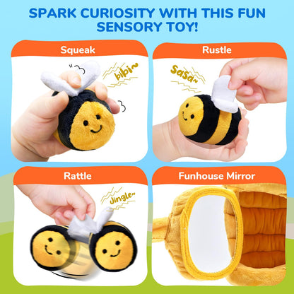 JoyCat Baby Toys 6-12 Months - Soft Baby Beehive with 5 Sensory Bees - Rattle, Crinkle Paper, Squeaker, Mirror, Busy Montessori Soft Toys for Toddlers 0-3 Years Old - Baby Christmas Birthday Gift