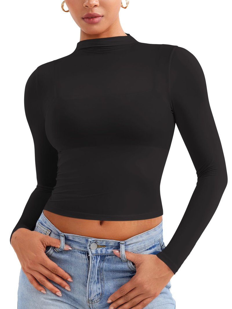 YEOREO Womens Sheer Tops Long Sleeve See Through Tops Mock Neck Slim Fit Workout Shirt Jamy Going Out Sexy Shirts Black M