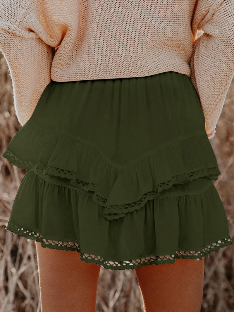 Aoudery Flowy Shorts for Women Casual Boho Ruffle Tiered Skorts High Waist Mini Skirts Golf Tennis Butterfly Crochet Shorts - Oliver Green M