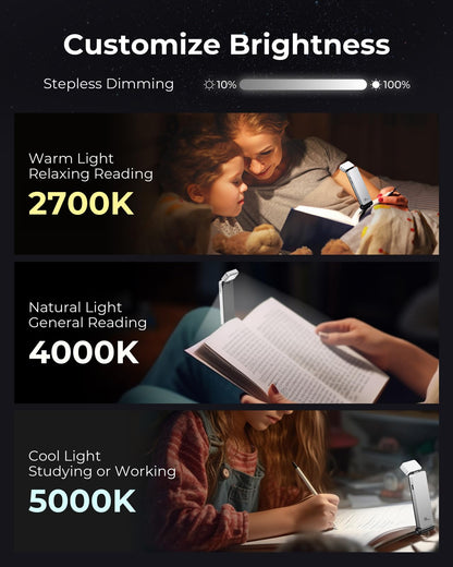 86lux Book Light, Rechargeable Clip-On LED Reading Light for Bed & Night Use - 3 Color Temperatures with Stepless Dimming, Ultralight Bookmark Design for Kids, Book Lovers, Grey