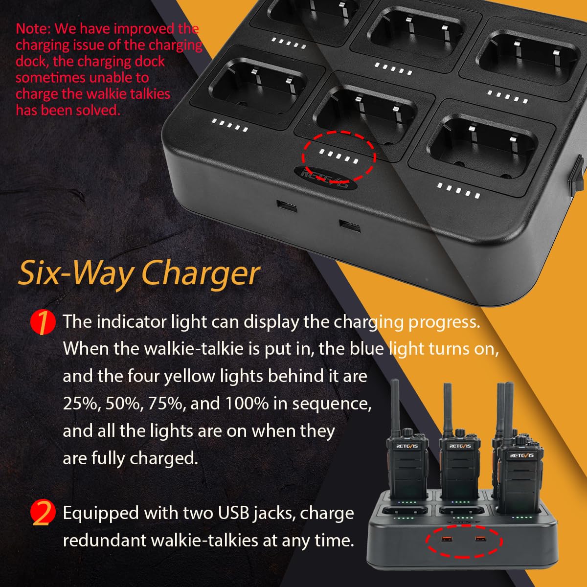 Retevis RB26 Two Way Radio Long Range with Earpiece, Rechargeable Walkie Talkies with 6 Way Charger, 21-Hours, USB-C, Flashlight, GMRS Repeater Capable, 2 Way Radio for Hotel Security Jobsite(6 Pack)