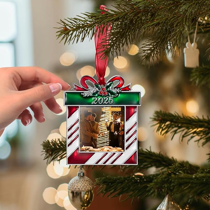 2025 Christmas Tree Ornaments Picture Frame Ornament- Made of Zinc Alloy Glitter Powder Pendant 2.5 Inch Picture Frame for Pet and Baby Holiday Keepsake Gift(Gift Bag,2025)