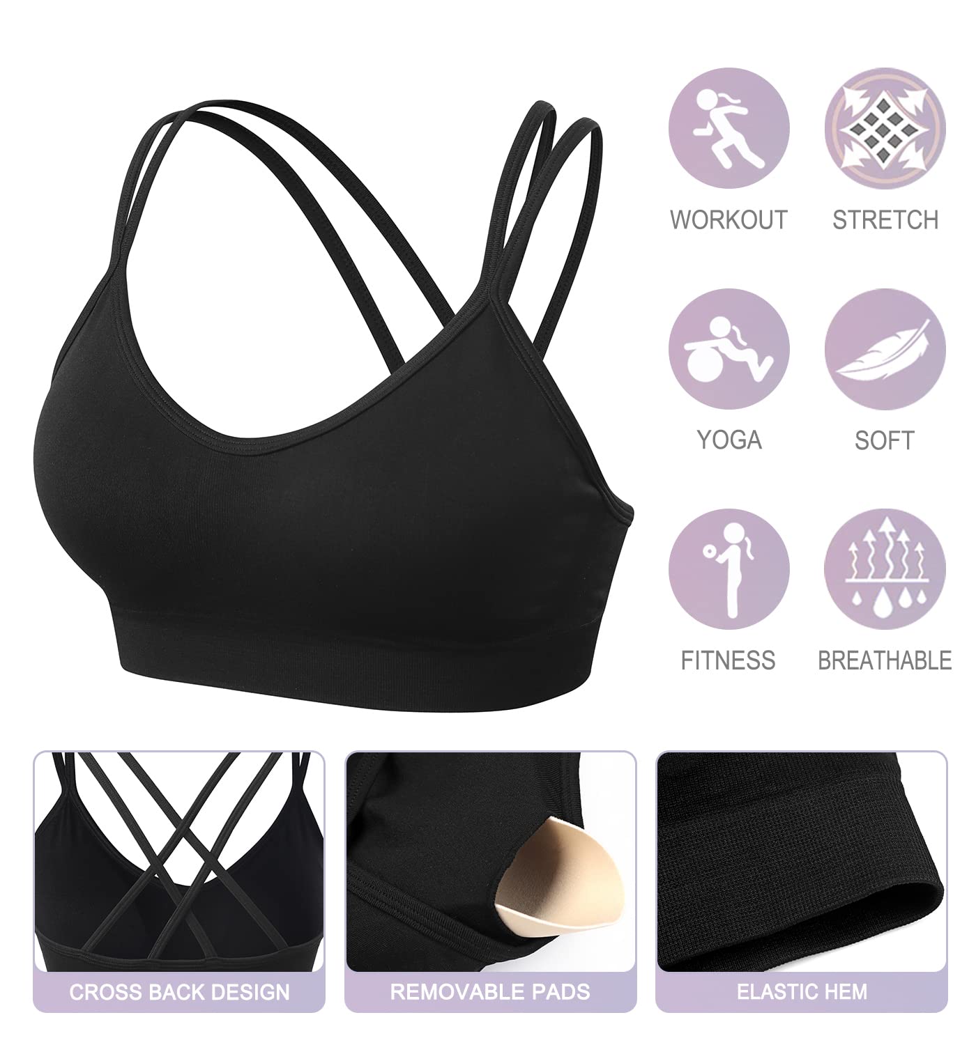 3 Pack Strappy Women Sports Bras Crisscross Back Medium Impact Workout Running Yoga Bra with Padded Removal Cups