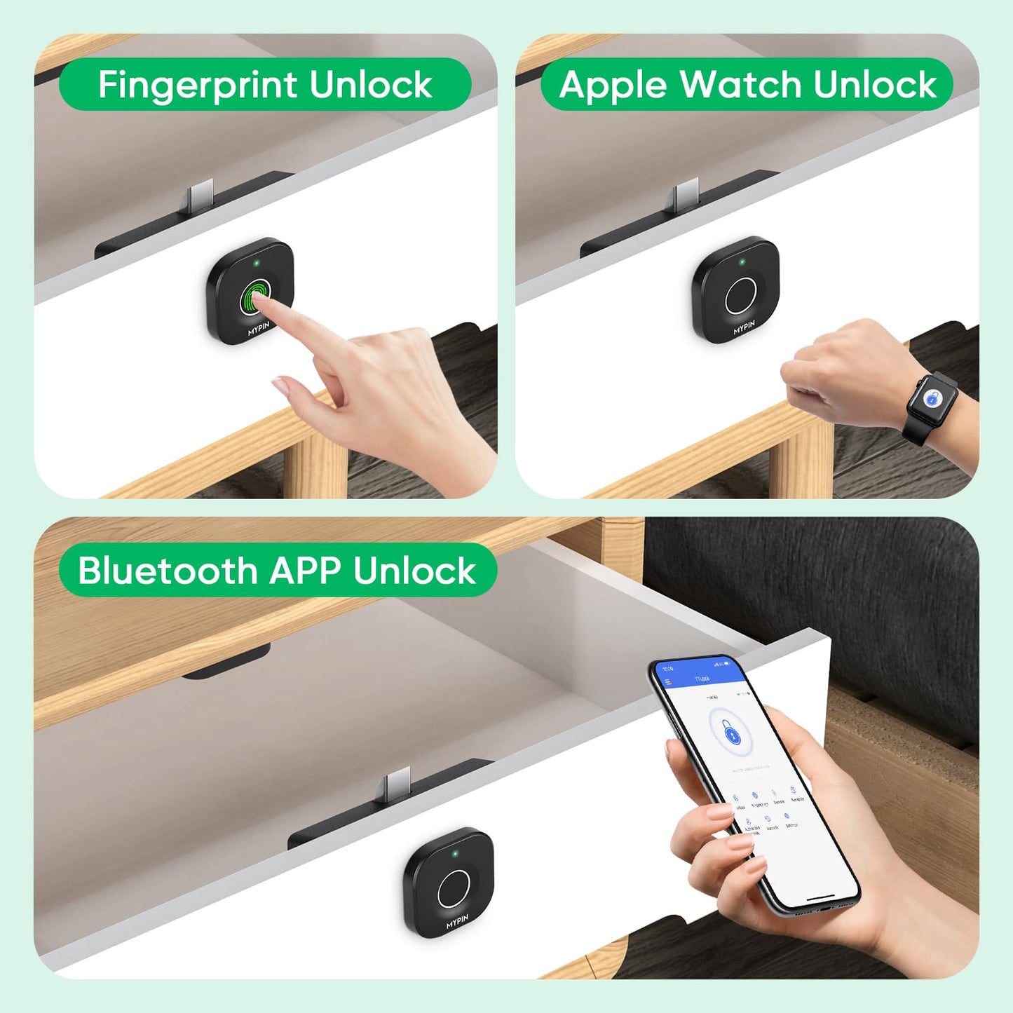 Bluetooth Fingerprint Cabinet Lock With Phone/Watch App Unlock, Smart Biometric Keyless Hidden File Drawer Wardrobe Lock, Child Safety Electric DIY Wooden Furniture