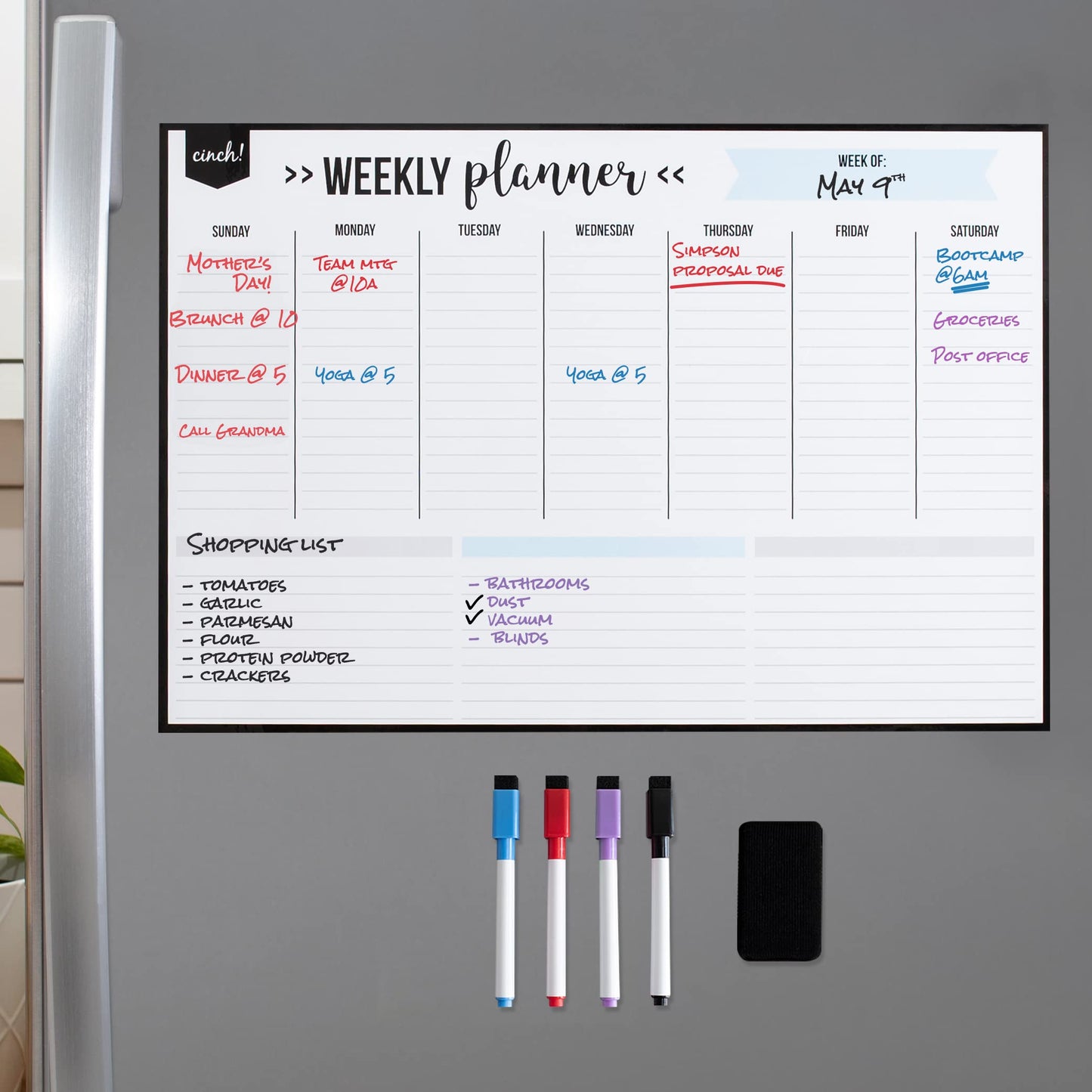 cinch! 17x12-Inch Magnetic Weekly Planner/Calendar for Fridge and Meal Planner - Stain Resistant Dry Erase Whiteboard with 4 Fine Tip Markers and Eraser for Easy Scheduling