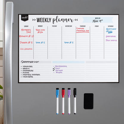 cinch! 17x12-Inch Magnetic Weekly Planner/Calendar for Fridge and Meal Planner - Stain Resistant Dry Erase Whiteboard with 4 Fine Tip Markers and Eraser for Easy Scheduling