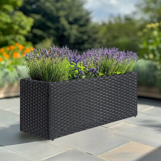 SUNNYPARK Black Rectangular Planter Box All-Weather PE Rattan Large Modern Planters with Removable Liner Indoor Outdoor Decorative Flower Pot for Patio, Balcony, Garden
