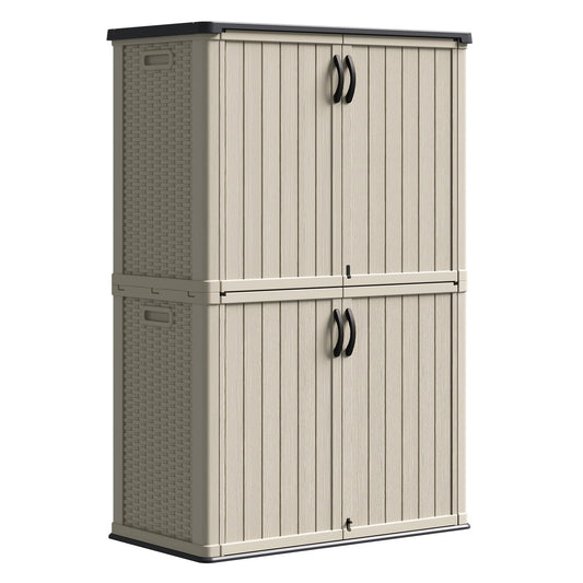 Patiowell 50 cu.ft Plastic Outdoor Storage Shed, Lockable Waterproof Resin Storage Cabinet Vertical Storage Shed for Garden Tools, Garbage Cans, Pool Supplies, Beige(Not Include Shelves)