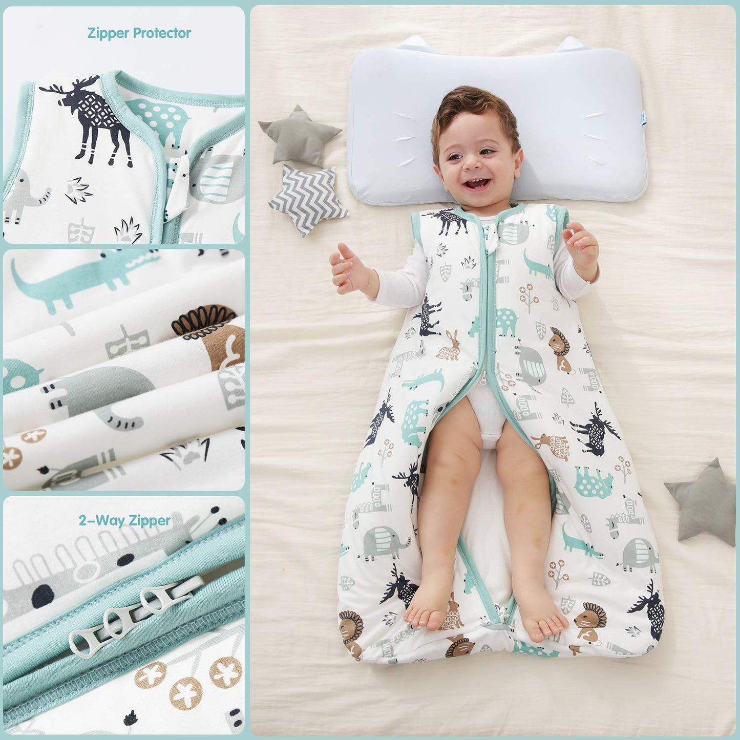 Mosebears Baby Winter Sleeping Bag 2.5 Tog,Toddler Sleep Sack Wearable Blanket 100% cotton baby sleeping bag for Babies 0-24 Months(Blue Zoo,18-24 Months)