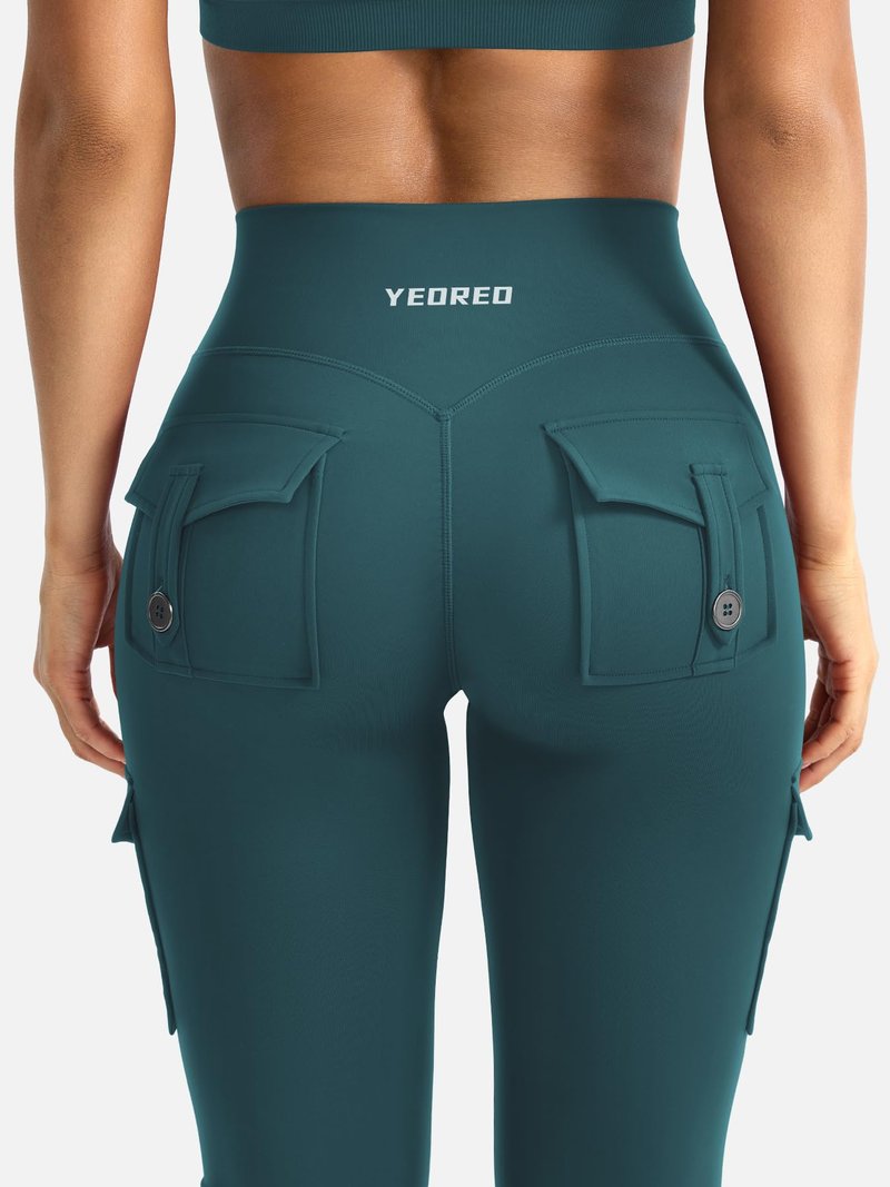 YEOREO CoreFlex Women Workout Flare Leggings with Pockets Hidden Scrunch High Waisted Cargo Gym Yoga Leggings Mediterranea L