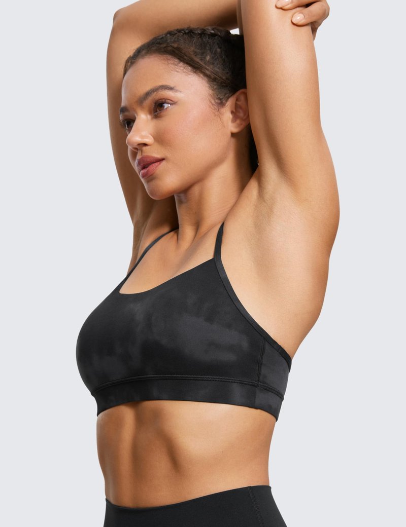 CRZ YOGA Butterluxe Y Back Sports Bras for Women - Padded Racerback Low Impact Spaghetti Thin Strap Workout Yoga Top Black Tie Dye Flowers X-Large