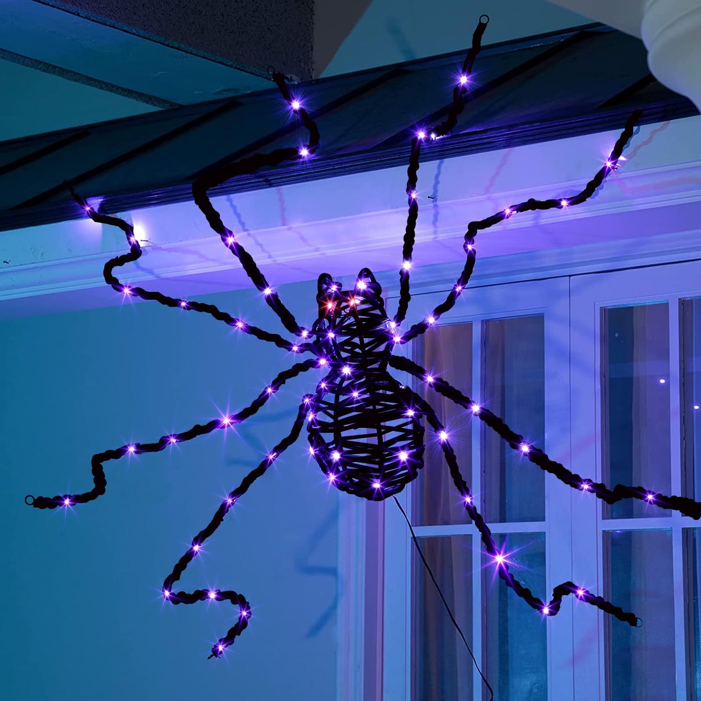 EAMBRITE Halloween Decorations Outdoor 5FT Bendable Scary Giant Spider with 83LT Purple Lights Black Fake Spider for Halloween Indoor Outdoor Yard Home Parties Creepy Décor