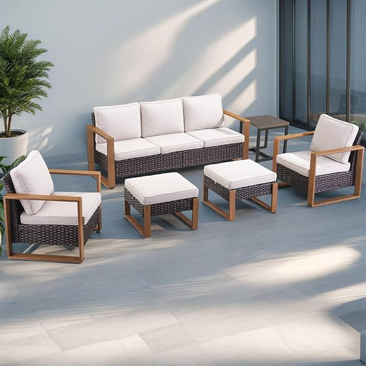 Outdoor Wicker Patio Furniture Set - 6 Piece Patio Conversation Set with 2 Wicker Armrest Chairs,2 Rattan Ottoman,1 Side Table and 1 Couch,Sturdy Frame,Thick Cushions,Deep Seating(Brown/Beige)
