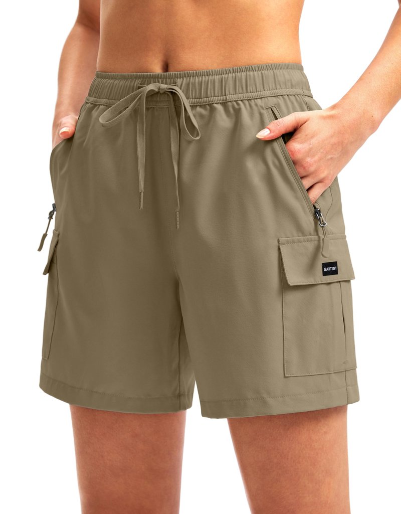 SANTINY Women's 5''/ 7''/9'' Hiking Cargo Shorts Quick Dry Lightweight Summer Shorts for Women Athletic Golf Zipper Pockets(Dusty Khaki_L)