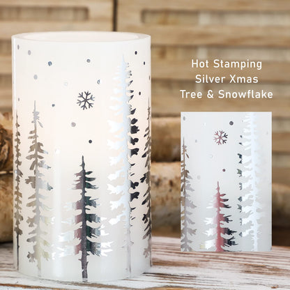 FLAVCHARM Christmas Flameless Candles, Battery Operated, Hot Stamping Silver Xmas Tree LED Flickering Candles with Remote and Timer, Holiday Decorative Pillar for Xmas, Party, Bedroom