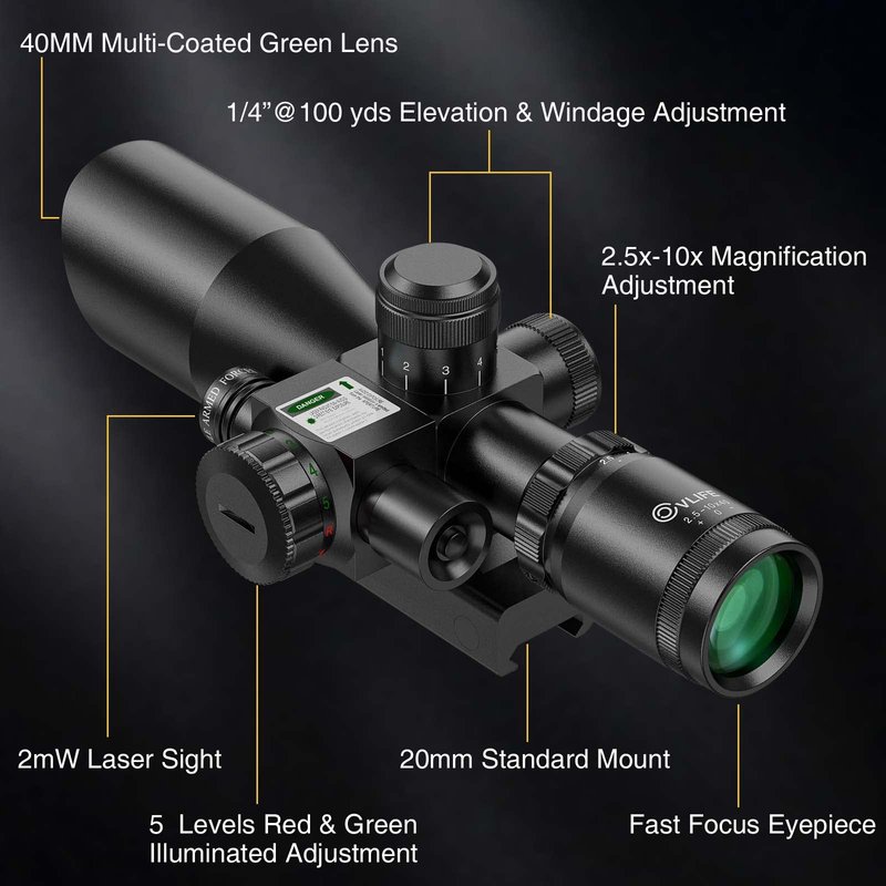 CVLIFE 2.5-10x40 Dual Illuminated Mil-dot Scope with Green Laser, Free 20mm Mount