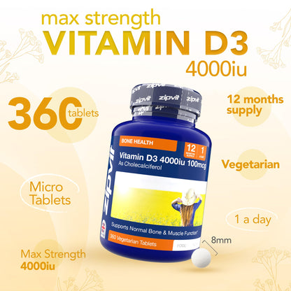 Zipvit Vitamin D3 4000 IU, 360 Maximum Strength Vitamin D Tablets, 12 Months Supply, Vegetarian, 1 a Day, VIT D3 As Cholecalciferol, Supports Bones Muscles, Immune System