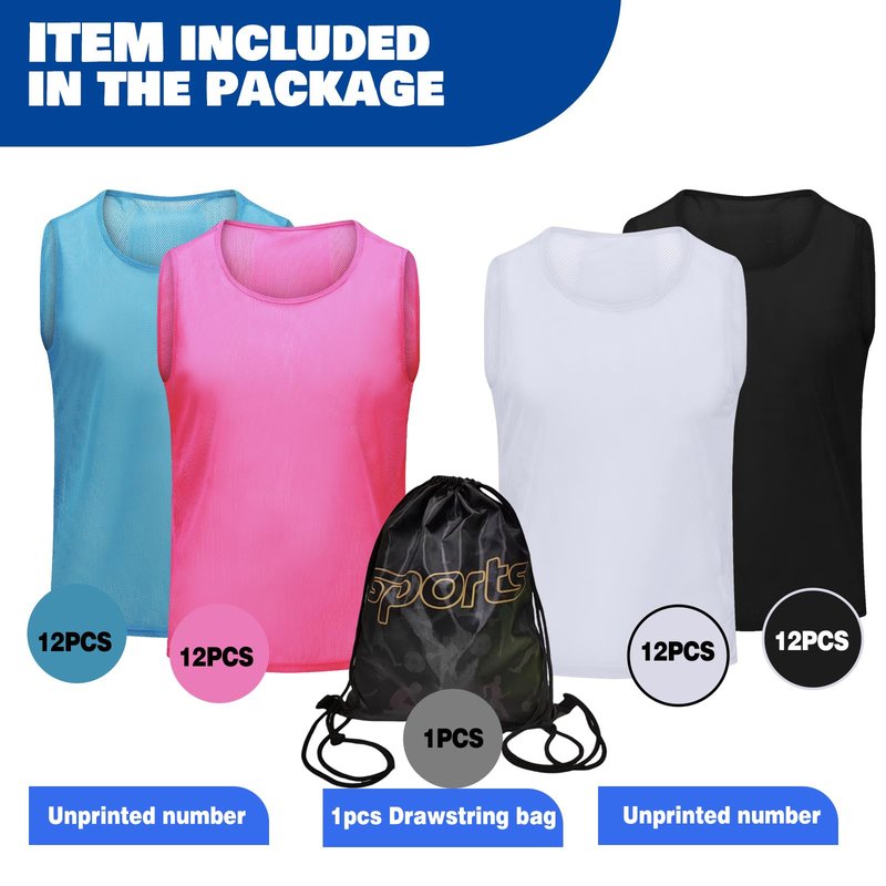 PULUOMASI 12/24/48PCS Pinnies Youth Team Pennies for Sports Kids and Scrimmage Vests for Soccer Basketball Jersey Practice