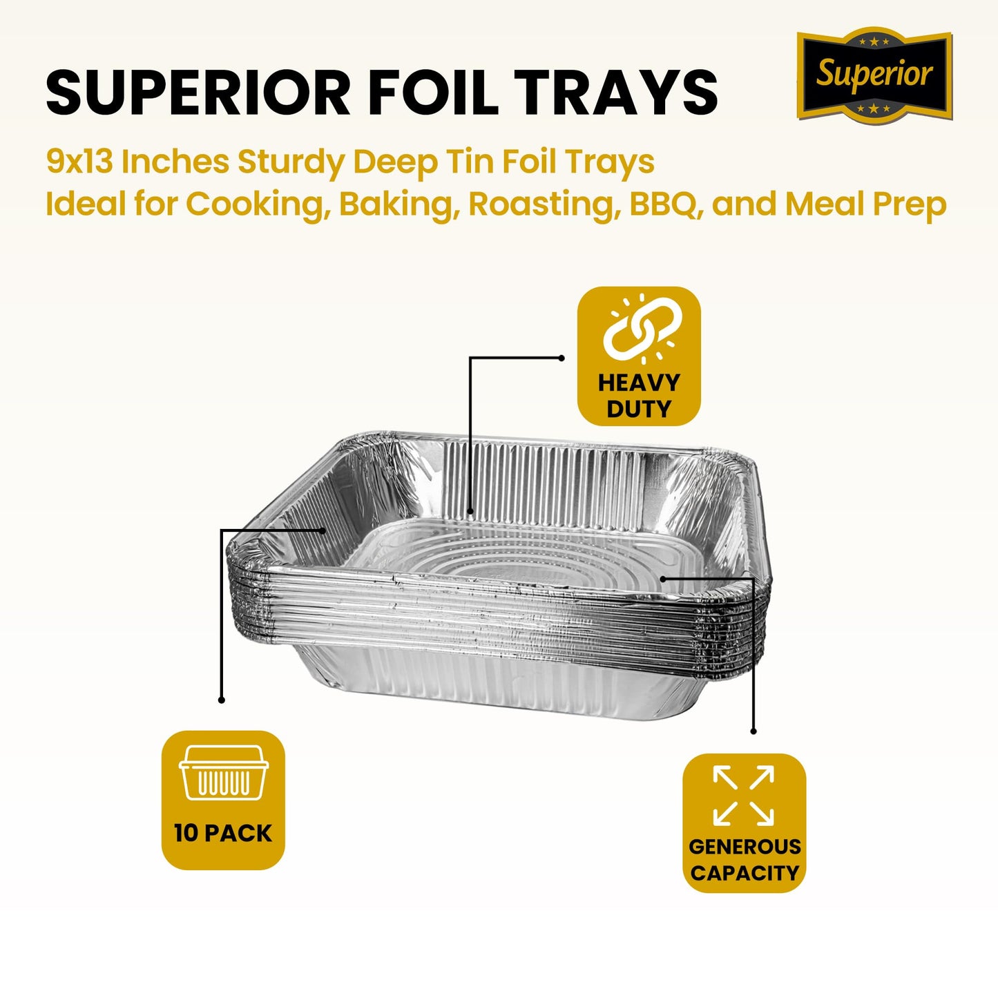 Superior Large Foil Aluminium Trays Pack of 10 – Heavy-Duty Deep Tin Foil Trays 32 x 26 cm Ideal for Cooking Baking Roasting BBQ Meal Prep Storage Tray – Foil Containers for Christmas Parties