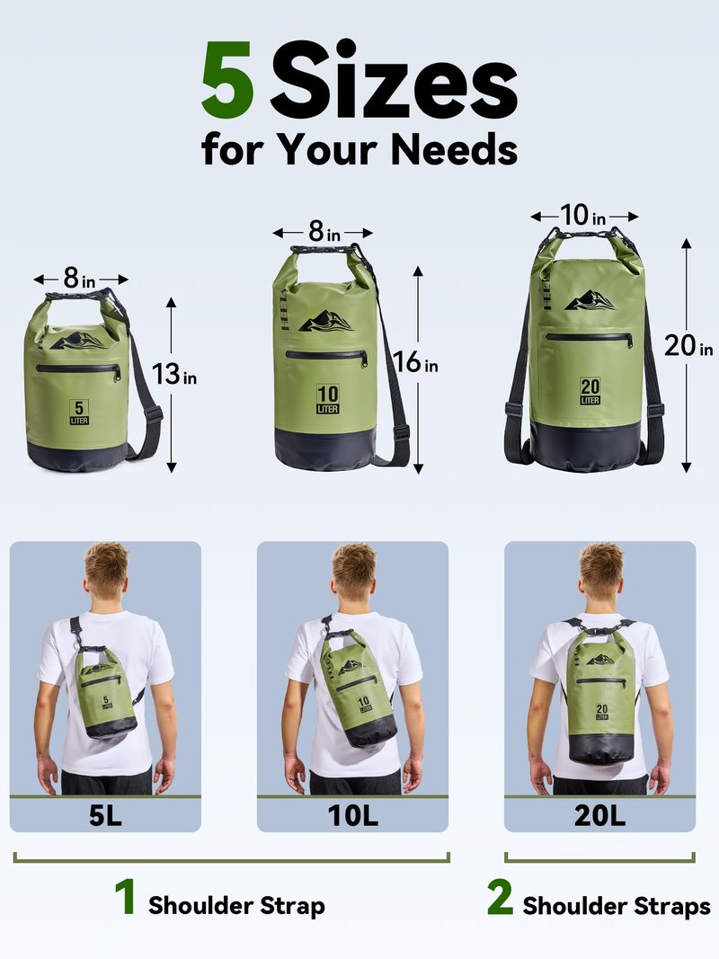 HEETA Waterproof Dry Bag with Front Zippered Pocket for Women Men, Roll Top Lightweight Dry Storage Bag Backpack for Travel, Kayaking, Boating, Rafting, Camping, Hiking & Beach (Green, 10L)