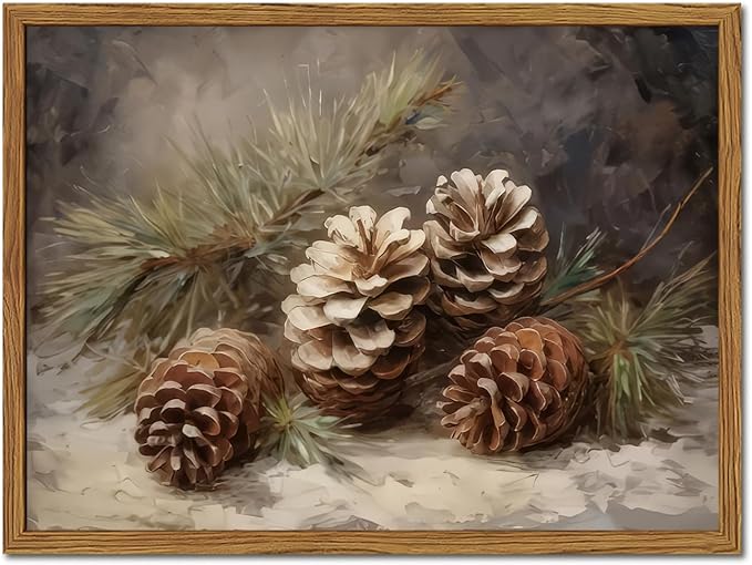 Framed Vintage Christmas Canvas Wall Art, Pine Cones Wall Decor Paintings, Winter Holiday Aesthetic Pictures Prints Rustic Home Decor for Living Room Bedroom Farmhouse 8×10 inch