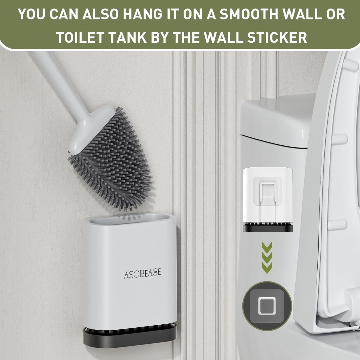 ASOBEAGE Silicone Toilet Brush: Flexible Head, Long Handle, Wall-mounted, Quick-drying Holder for Bathroom Clean (White)