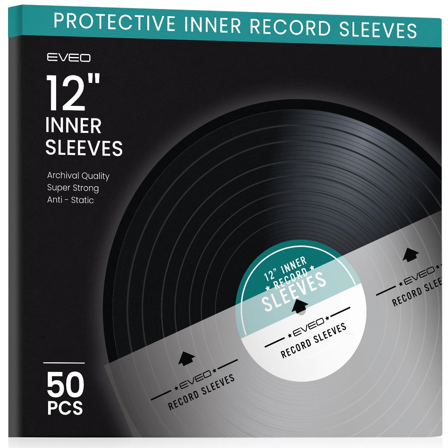 EVEO 50 Vinyl Inner Sleeves for Vinyl Records - Rice Paper Anti-Static LP For 12" Records - Record Sleeves inner Crystal-Clear Protection and Premium Quality - Archival Grade