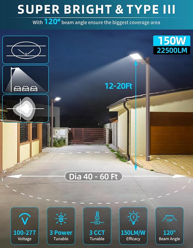 3PCS LED Parking Lot Lights 150W 120W 90W, LED Shoebox Light 5700K 5000K 4500K Adjustable Arm&Slip Fitter, DLC Listed Outdoor Pole Light with Photocell, IP65 Commercial Street Area Lighting 100-277V