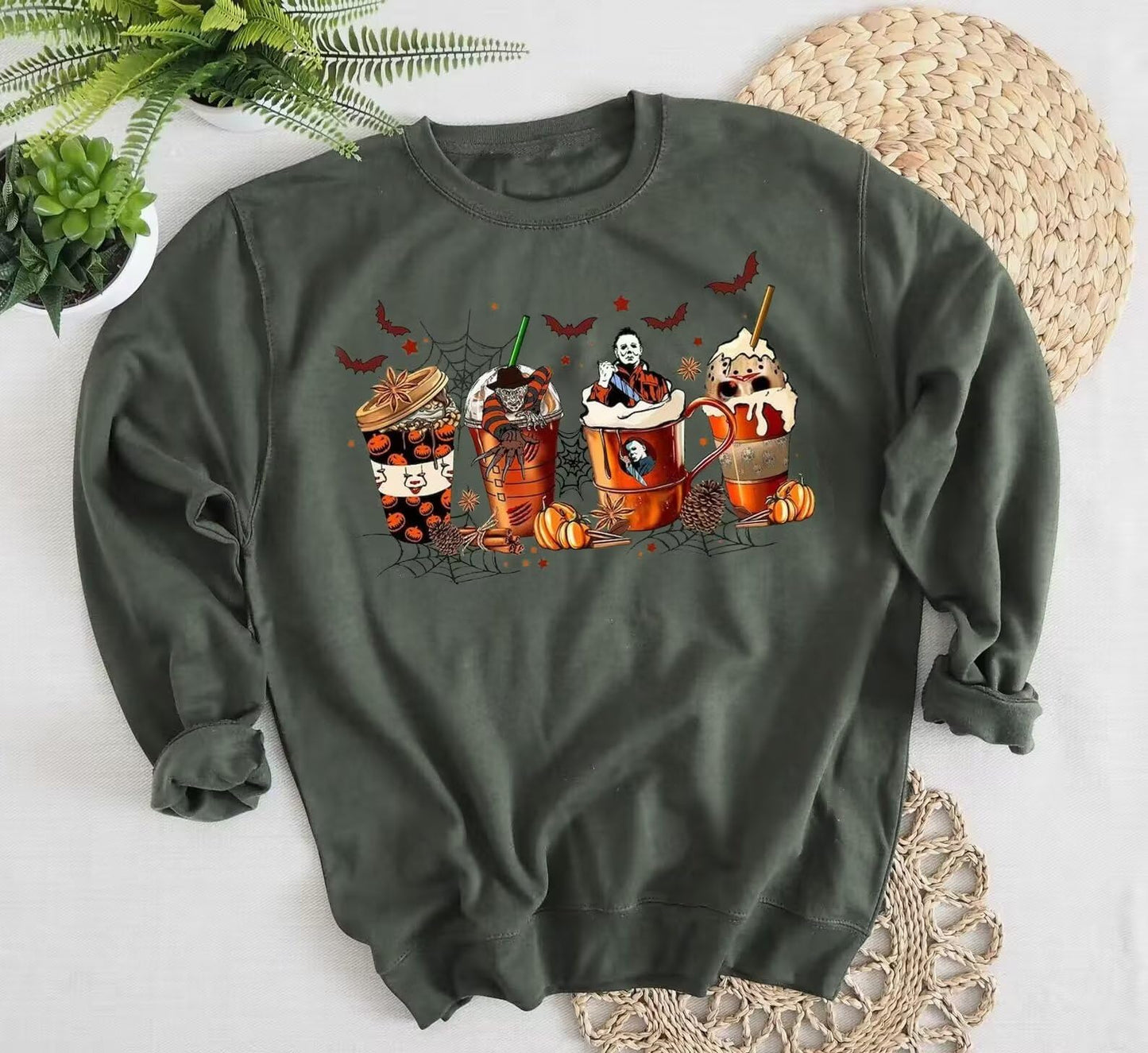 VKEGNIO Halloween Sweatshirt Women Horror Movie Pumpkin Coffee Graphic Sweatshirts Halloween Shirts Fall Crewneck Sweatshirt (Large, Green)