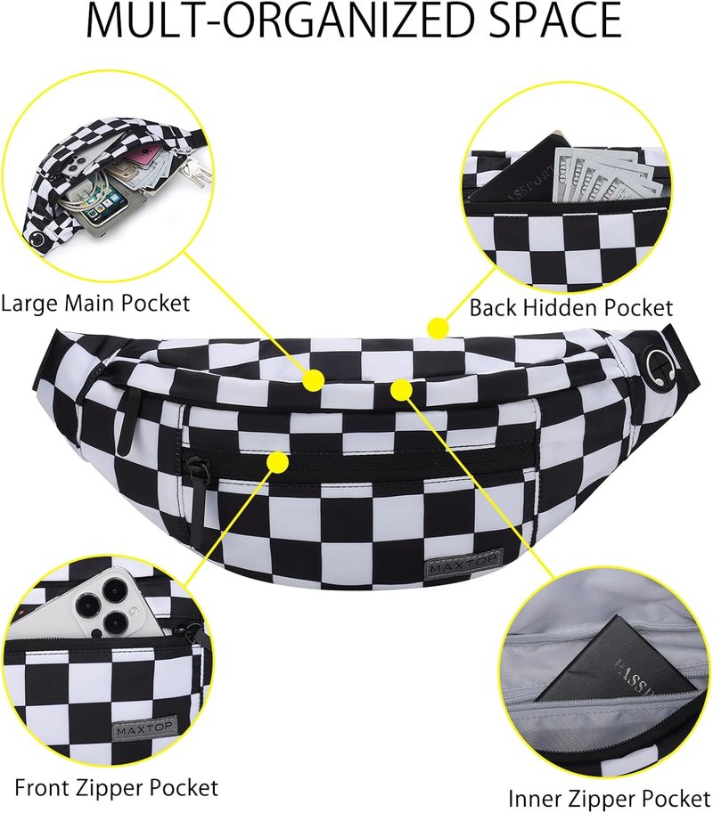 MAXTOP Large Crossbody Fanny Pack - 4-Zipper Pockets for Sports, Travel & Casual Use | Hands-Free Waist Bag for All Phones