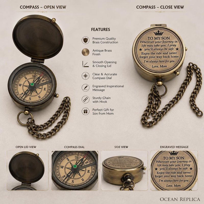 Mom to Son Compass – Engraved Compass Gift for Son from Mom – Birthday, Graduation, Confirmation, Parting or Sailor Gift – Inspirational Keepsake for Boys & Men