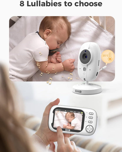 GHB Baby Monitor with Camera and Night Vision, 3.5-inch Video Monitor, VOX Mode, 2-Way Talk, 8 Lullabies, Temperature Alert, Feeding Reminder