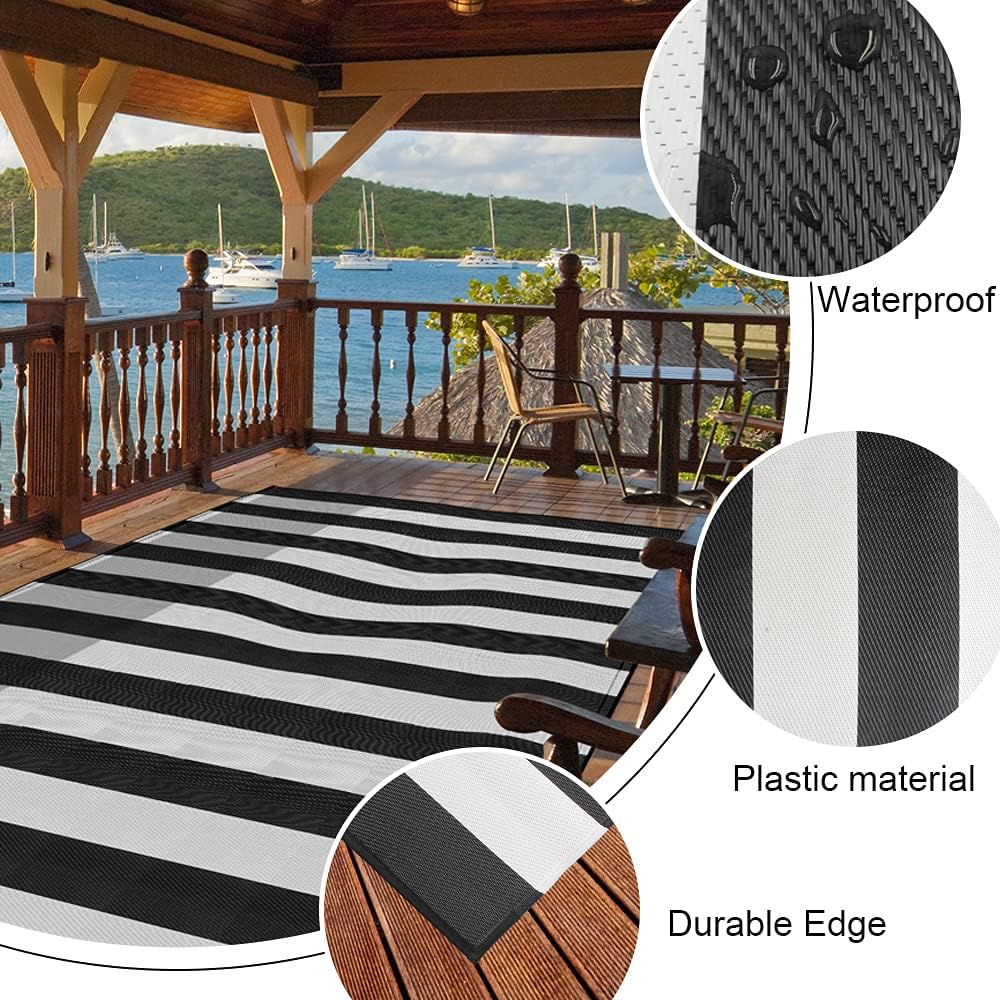 Pcinfuns Plastic Straw Rug,8'x10' Outdoor Waterproof Patio Rugs Foldable Reversible Camping Mat for Rv, Deck, Porch, Picnic, Beach, Balcony,Black & White