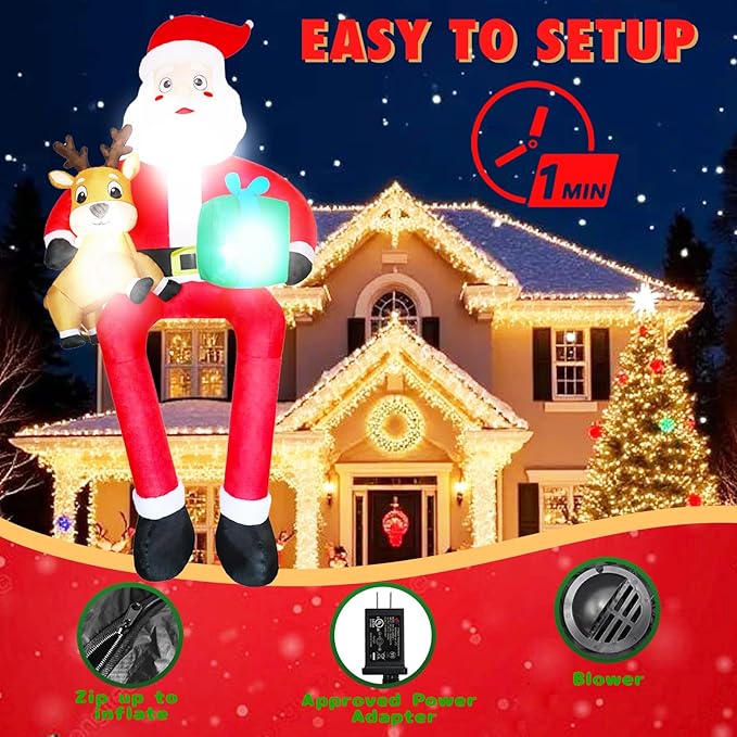 9.5 FT Christmas Inflatable Outdoor Decoration Giant Sitting Santa Claus Christmas Inflatables with LED Lights Climbing Santa Inflatable Blow Up Yard Decorations for Xmas Roof Eaves Lawn