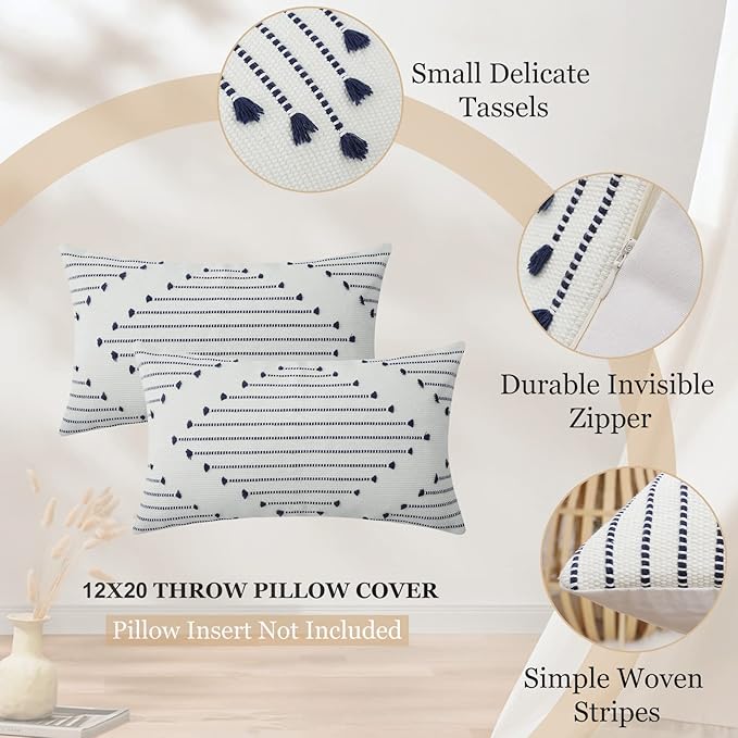 Mecatny Boho Outdoor Throw Pillow Covers 12X20 Set of 2, Farmhouse Lumbar Pillow Covers for Couch Sofa Living Room, Navy & Cream White