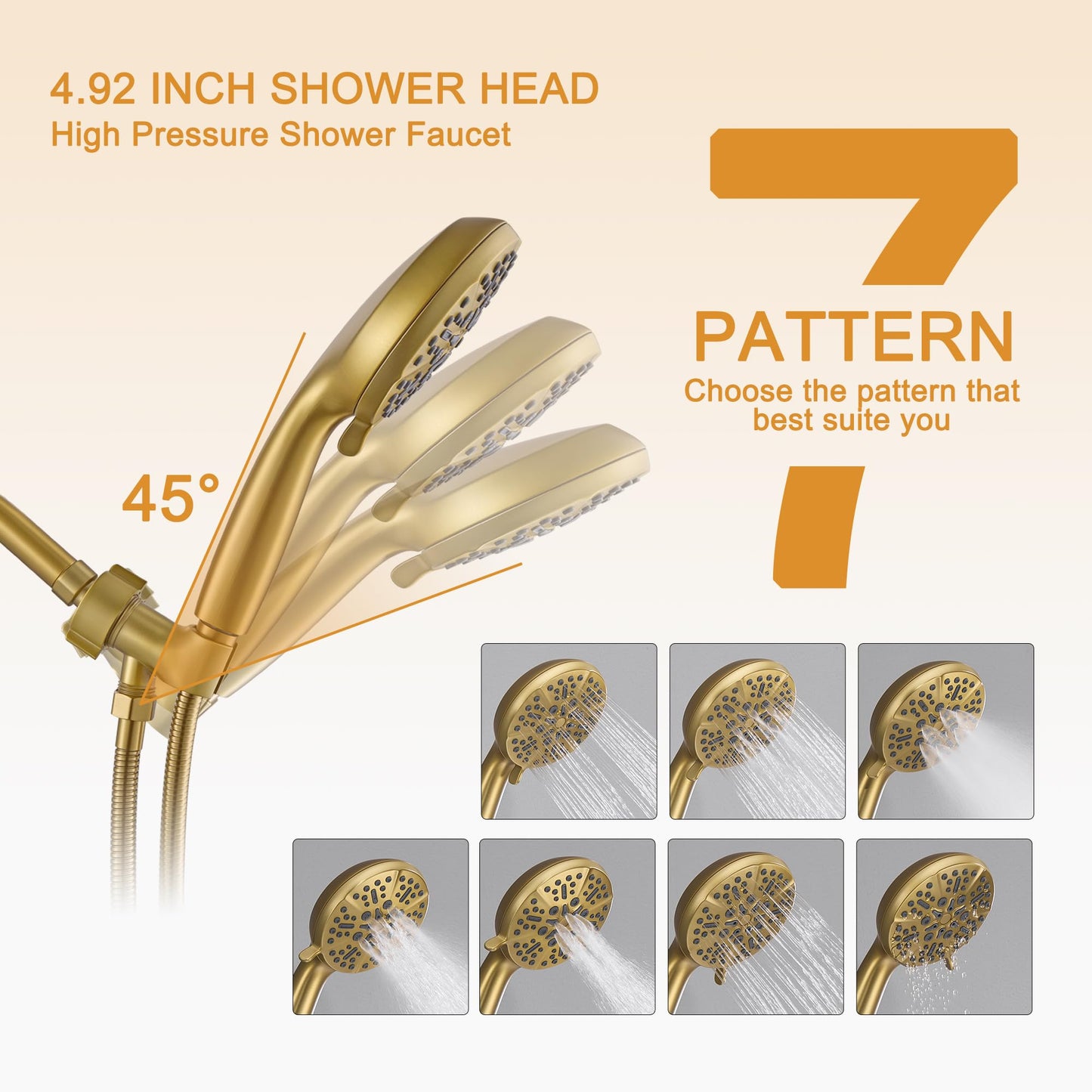 BRAVEBAR Single-Handle Gold Shower Faucet Set - Brushed Gold Shower Head and Handle Set, Shower Trim Kit with 7 Modes Handheld Shower Head System, Faucet Shower Fixtures with Valve Included