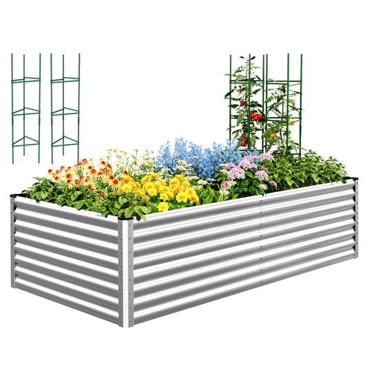 Quictent Galvanized Raised Garden Bed 8x4x2 Ft Tall Metal Planter Box for Vegetables Outdoor Bottomless for Backyard, 2 Tomato Cages Included, 22.04" Deep (Silver)