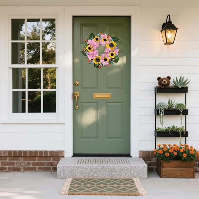 pring Wreath for Front Door, Bright Sunflowers & Mixed Flowers, Artificial Floral Wreath for Indoor & Outdoor Wall Decor, Lifelike Decoration for Home and Garden (18 inches)